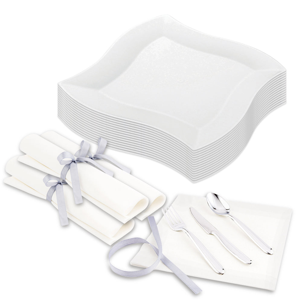 Maxi Serve 100 Square White 7" Plastic Medium Aqua Plates and 100 Moderna Silver Plastic Cutlery Sets