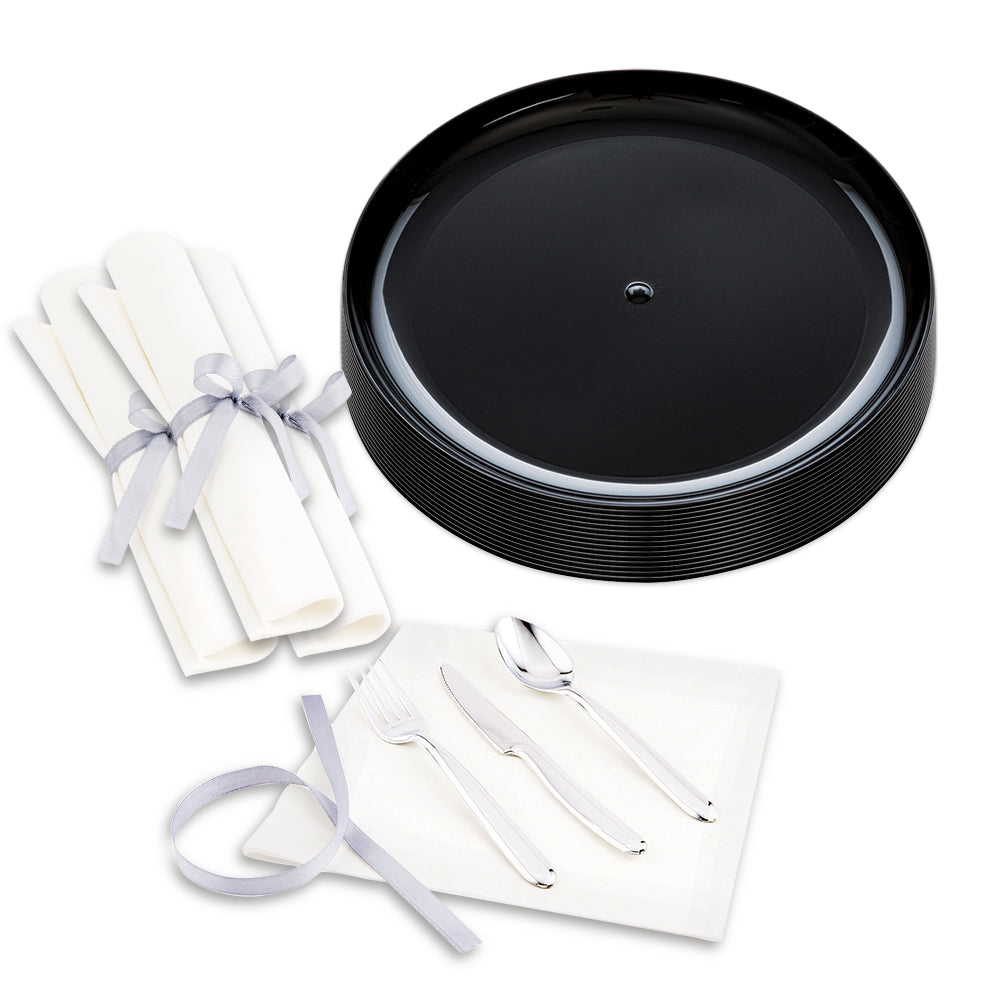 Maxi Serve 100 Round Black 7" Plastic Medium Elegant Plates and 100 Moderna Silver Plastic Cutlery Sets