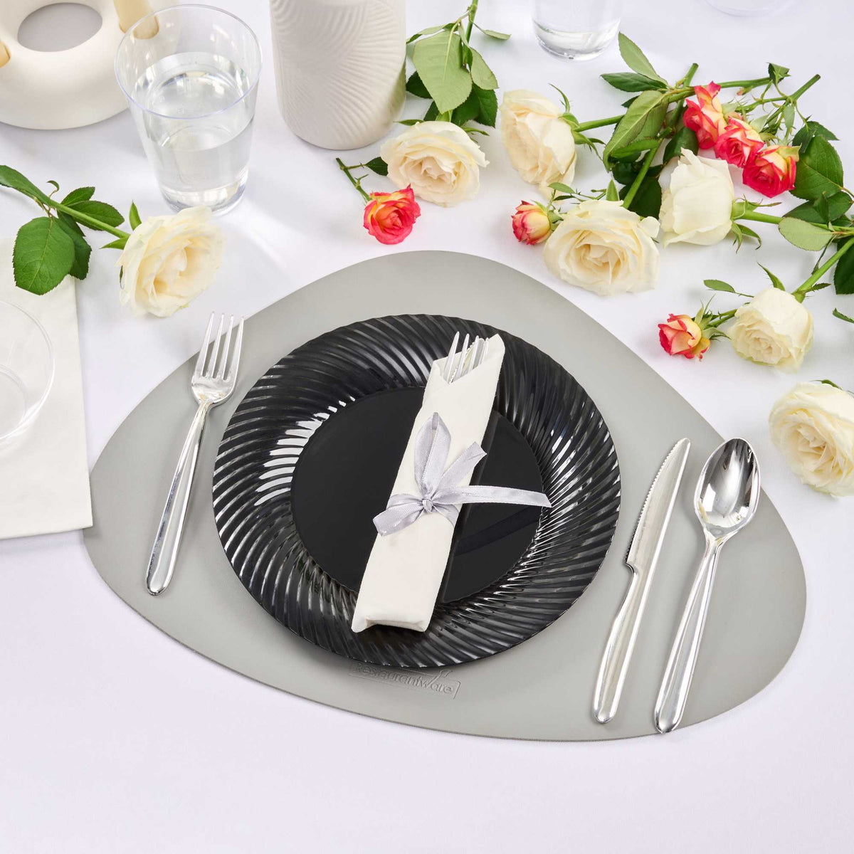 Maxi Serve 100 Round Clear 7" Plastic Medium Elegant Plates and 100 Moderna Silver Plastic Cutlery Sets