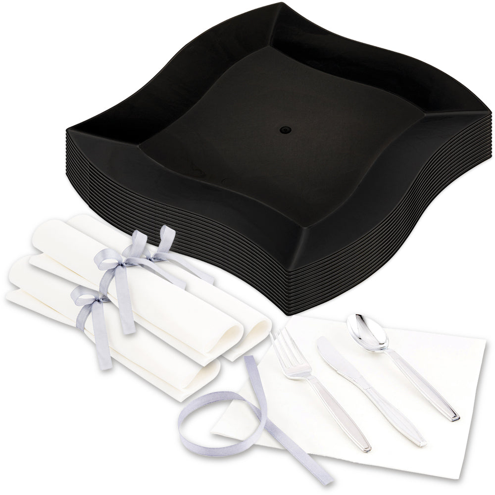 Maxi Serve 100 Square Black 9" Plastic Large Aqua Plates and 100 Argento Silver Plastic Cutlery Sets