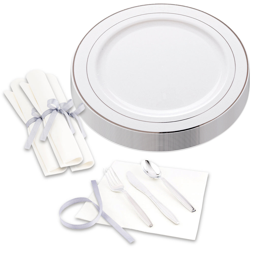 Maxi Serve 100 Round White 10 1/2" Plastic Silver-Rimmed Plates and 100 Argento Silver Plastic Cutlery Sets