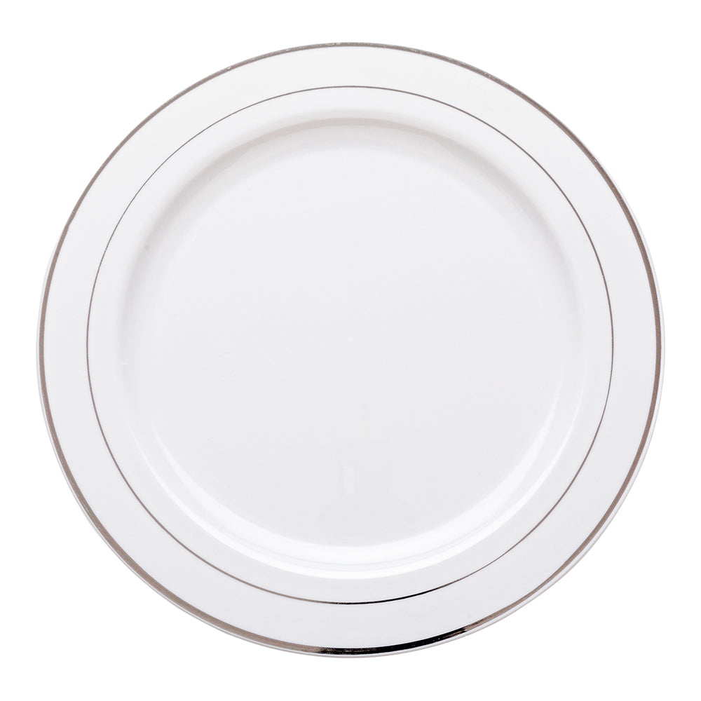 Maxi Serve 100 Round White 10 1/2" Plastic Silver-Rimmed Plates and 100 Argento Silver Plastic Cutlery Sets
