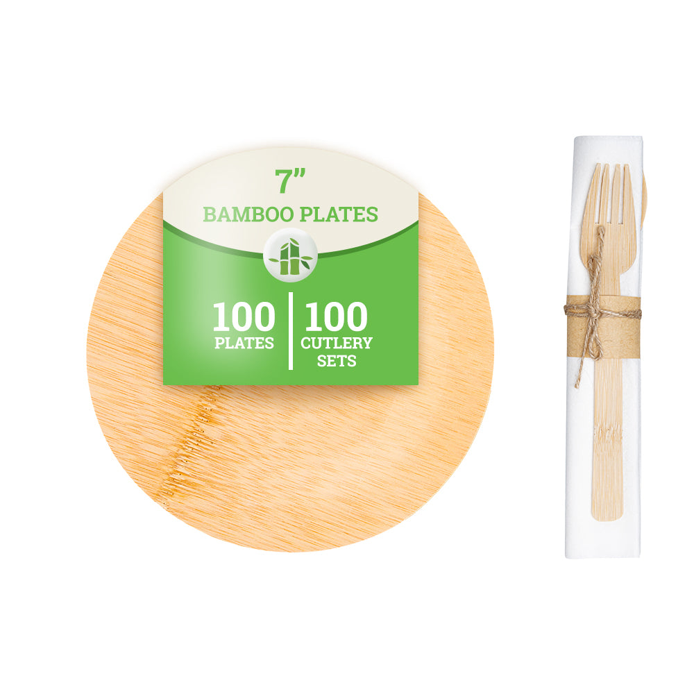 Bambuddha 100 Round Natural 7" Bamboo Medium Veneer Plates and 100 Natural Bamboo Disposable Flatware Sets