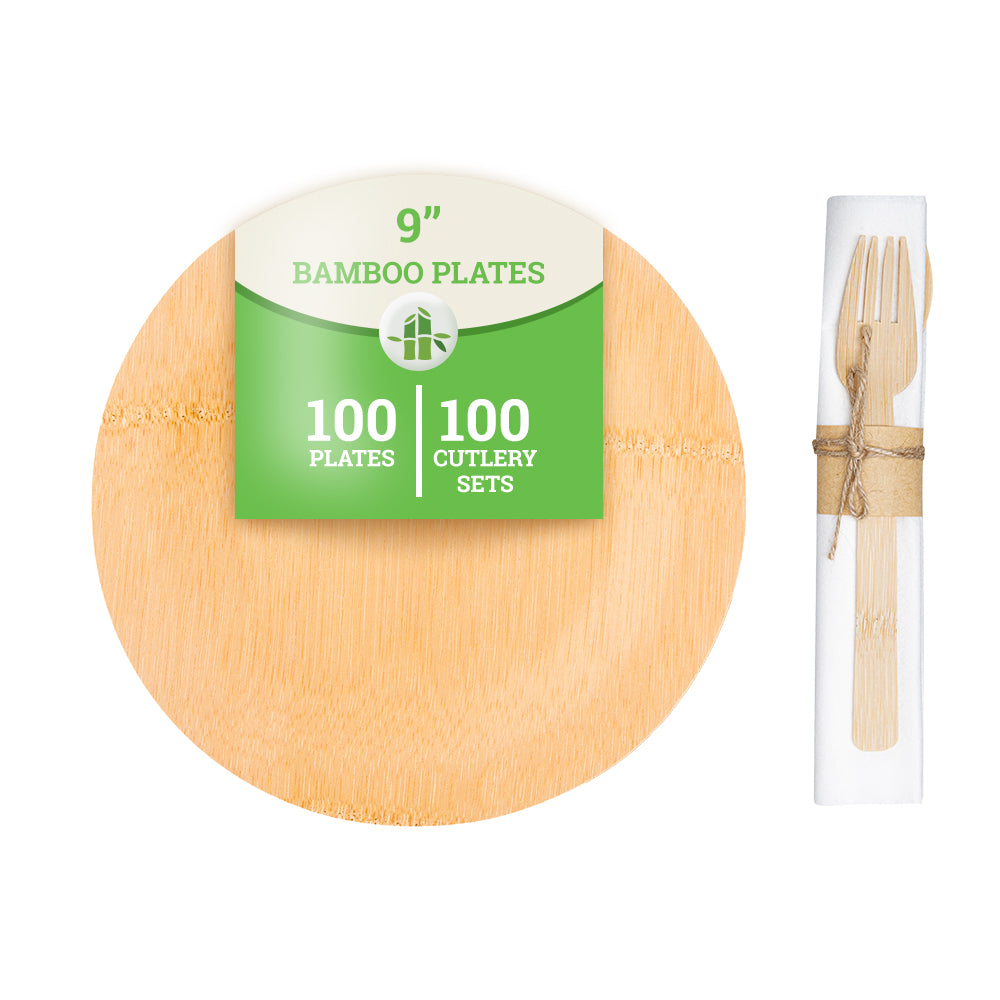 Bambuddha 100 Round Natural 9" Bamboo Large Veneer Plates and 100 Natural Bamboo Disposable Flatware Sets