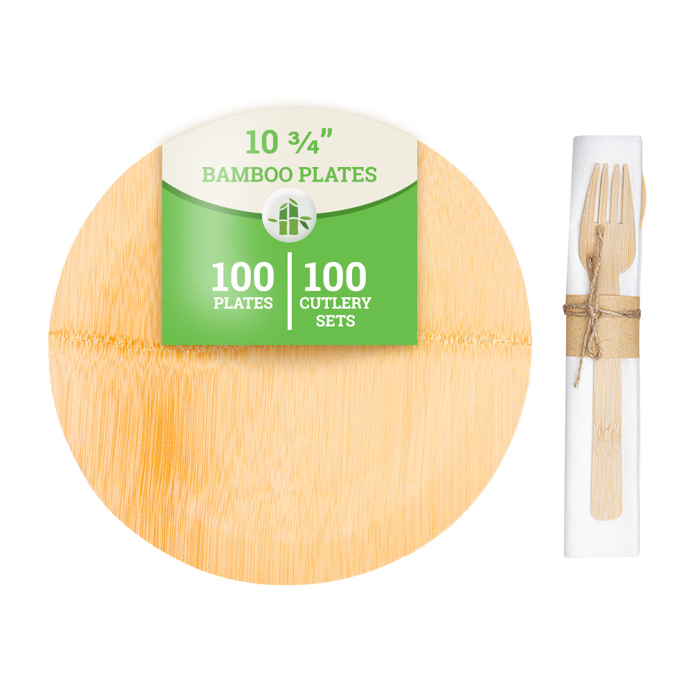 Bambuddha 100 Round Natural 11" Bamboo Veneer Dinner Plates and 100 Natural Bamboo Disposable Flatware Sets