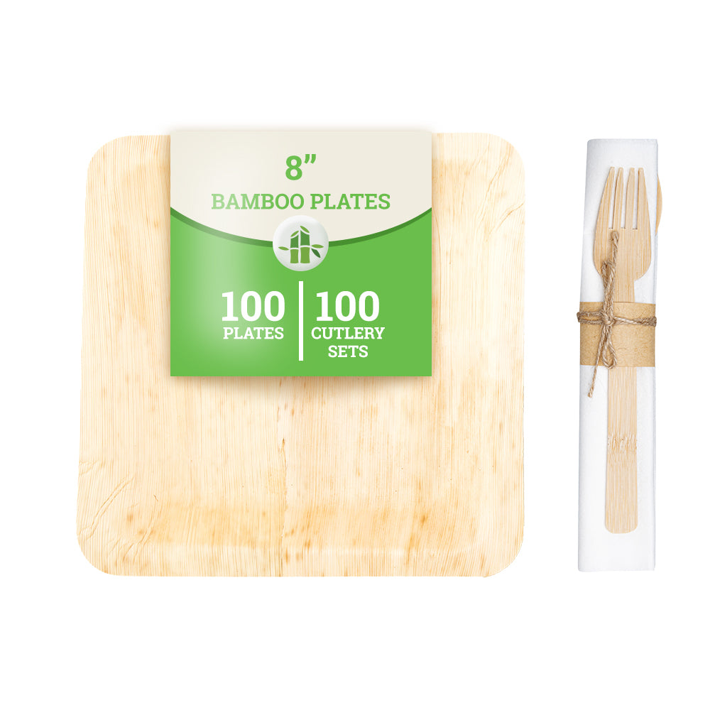 Bambuddha 100 Square Natural 8" Bamboo Leaf Large Plates and 100 Natural Bamboo Disposable Flatware Sets