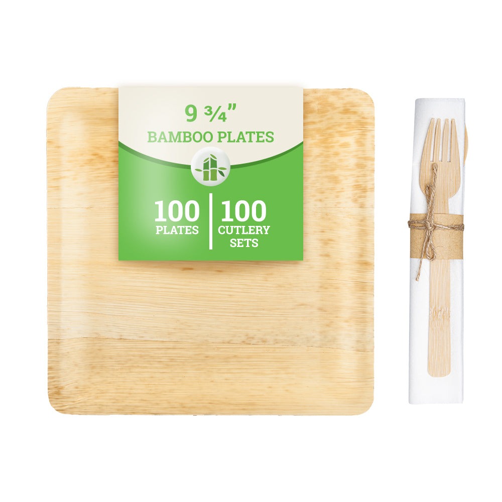Bambuddha 100 Square Natural 10" Bamboo Leaf Dinner Plates and 100 Natural Bamboo Disposable Flatware Sets