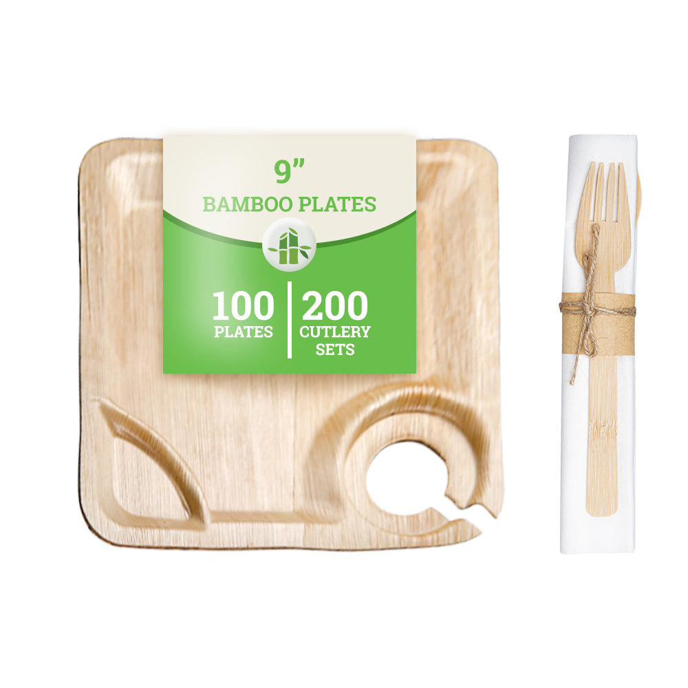 Bambuddha 100 Square Natural 7" Bamboo Leaf Plate and Cup Holders and 100 Natural Bamboo Disposable Flatware Sets