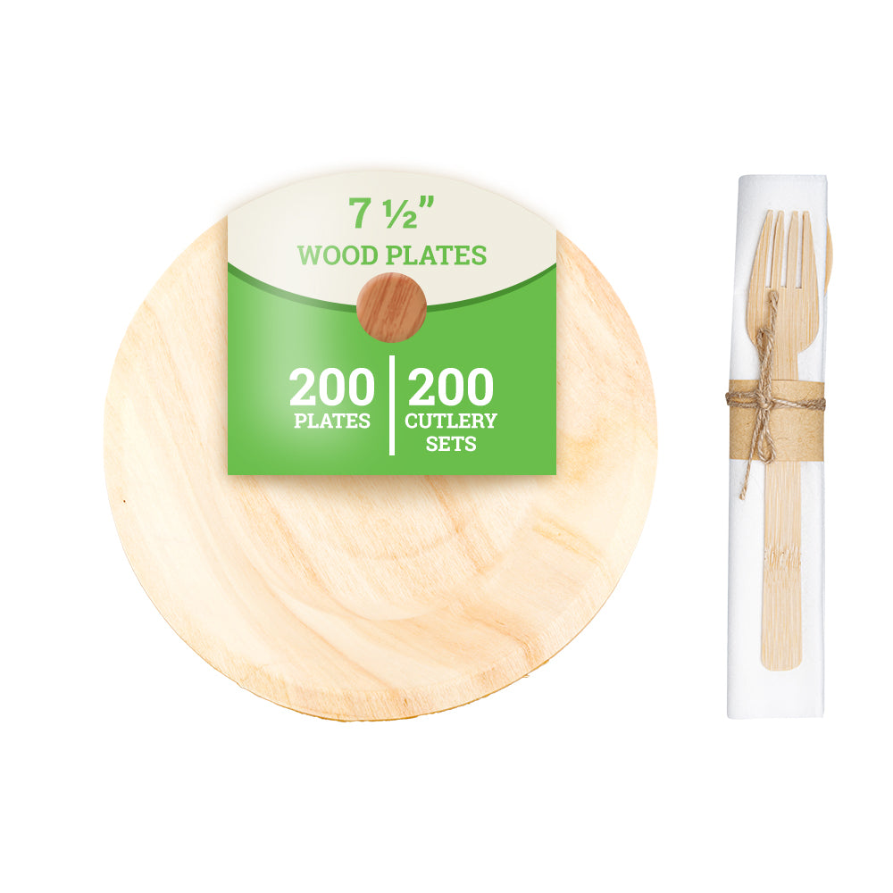 Bambuddha 200 Round Natural 8" Wood Plates and 200 Natural Bamboo Disposable Flatware Sets