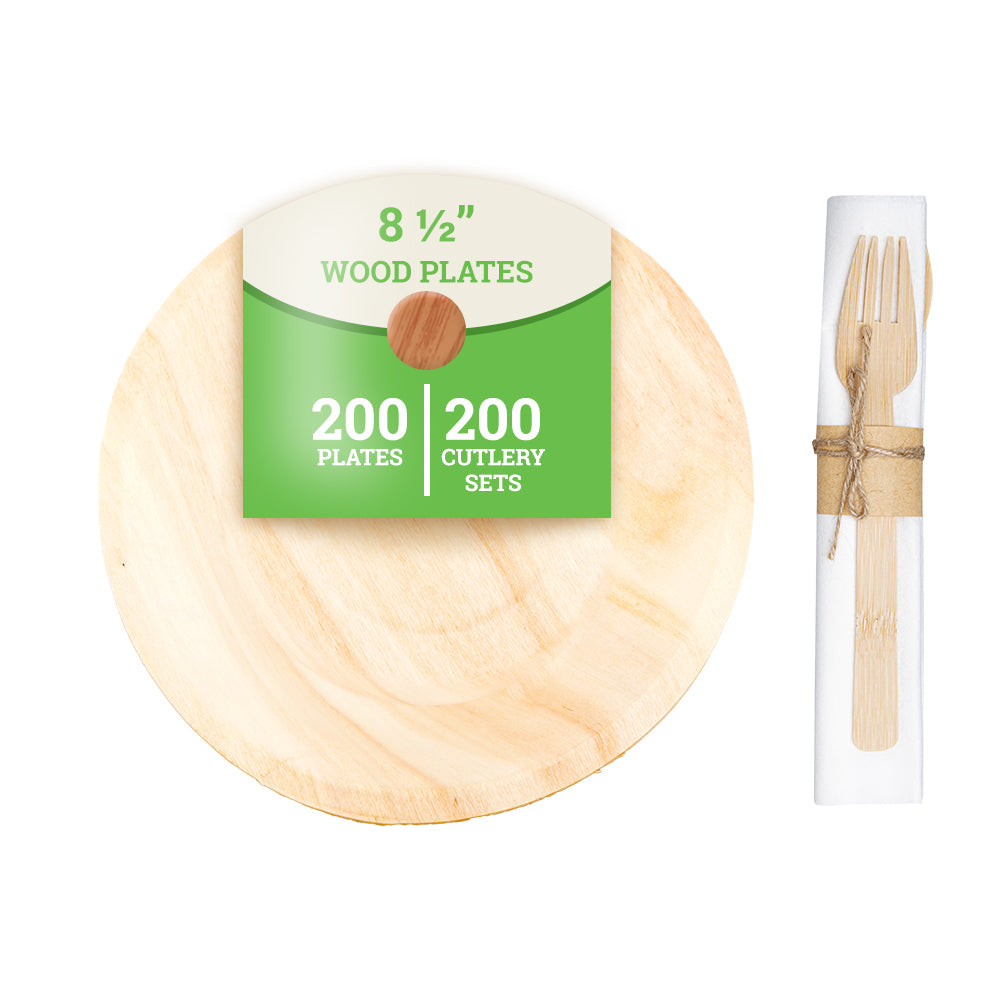 Bambuddha 200 Round Natural 9" Wood Plates and 200 Natural Bamboo Disposable Flatware Sets