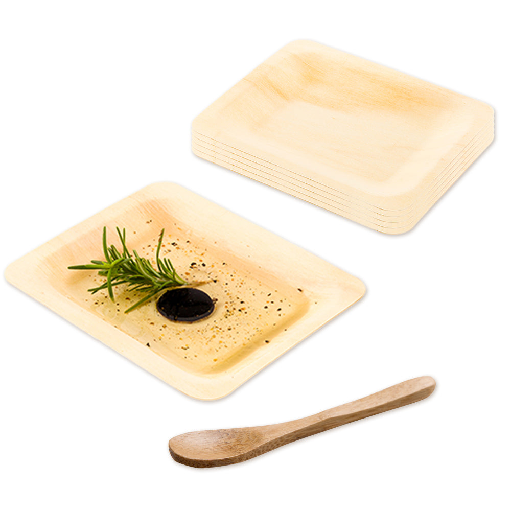 Bambuddha 200 Rectangle Natural 4.75" Wood Plates and 200 Natural Bamboo 3.5" Mini Spoons