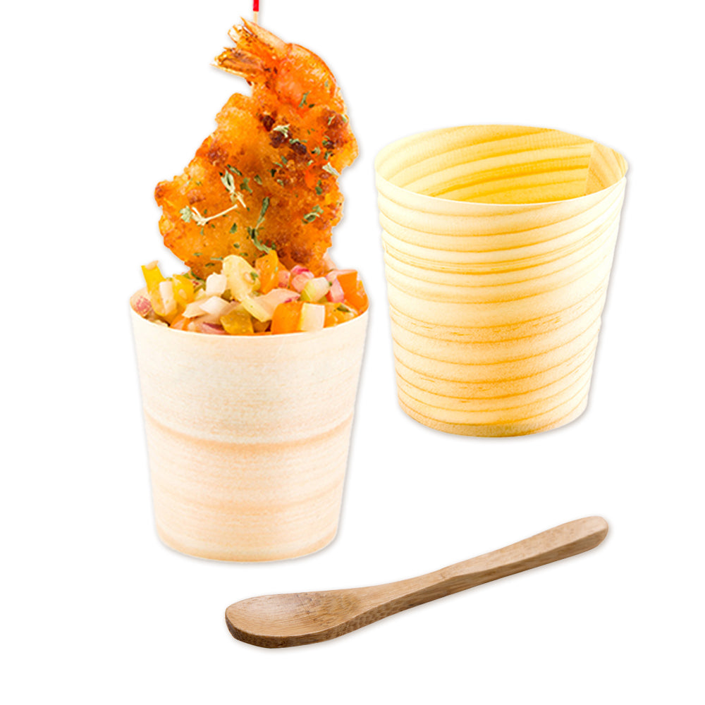 Taipei 200 3 oz Round Natural Shaved Pinewood Medium Cups and 200 Natural Bamboo 3.5" Mini Spoons