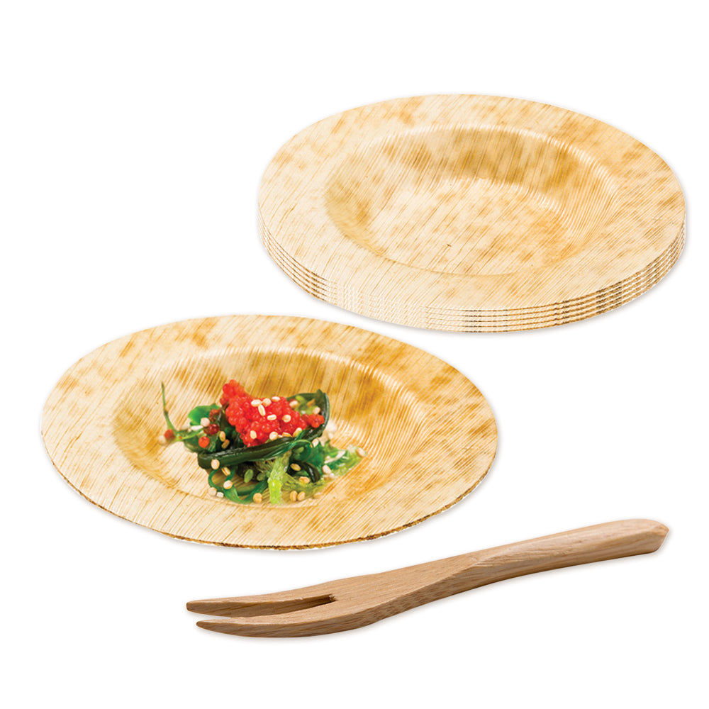 Bambuddha 100 Round Natural 3.5" Bamboo Small Plates and 100 Natural Bamboo 3.5" Mini Forks