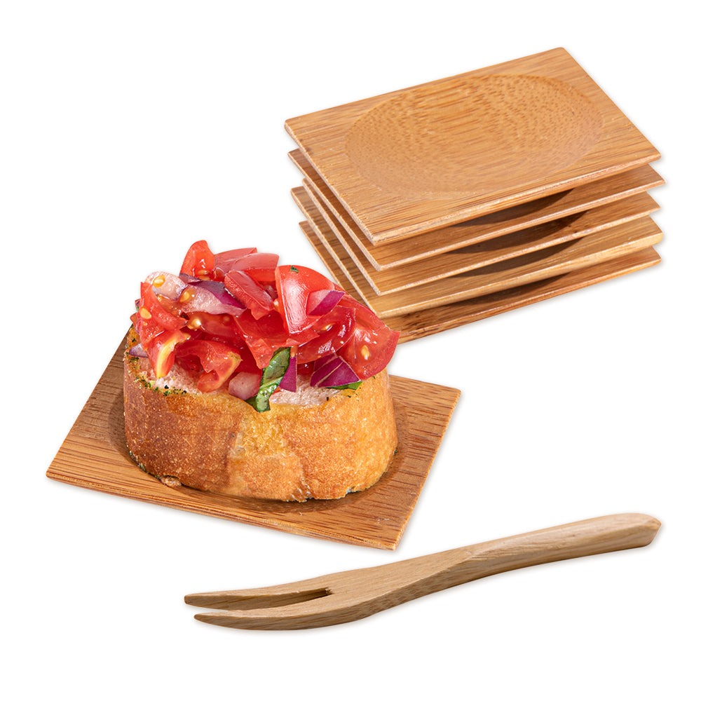 Bambuddha 100 Rectangle Natural 3" Bamboo Dishes and 100 Natural Bamboo 3.5" Mini Forks