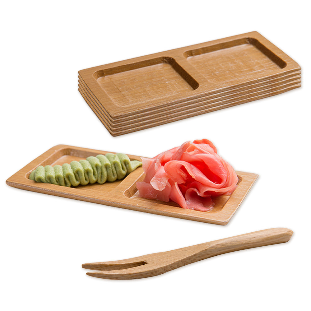 Bambuddha 100 Rectangle Natural 4.75" Bamboo Duo Plates and 100 Natural Bamboo 3.5" Mini Forks
