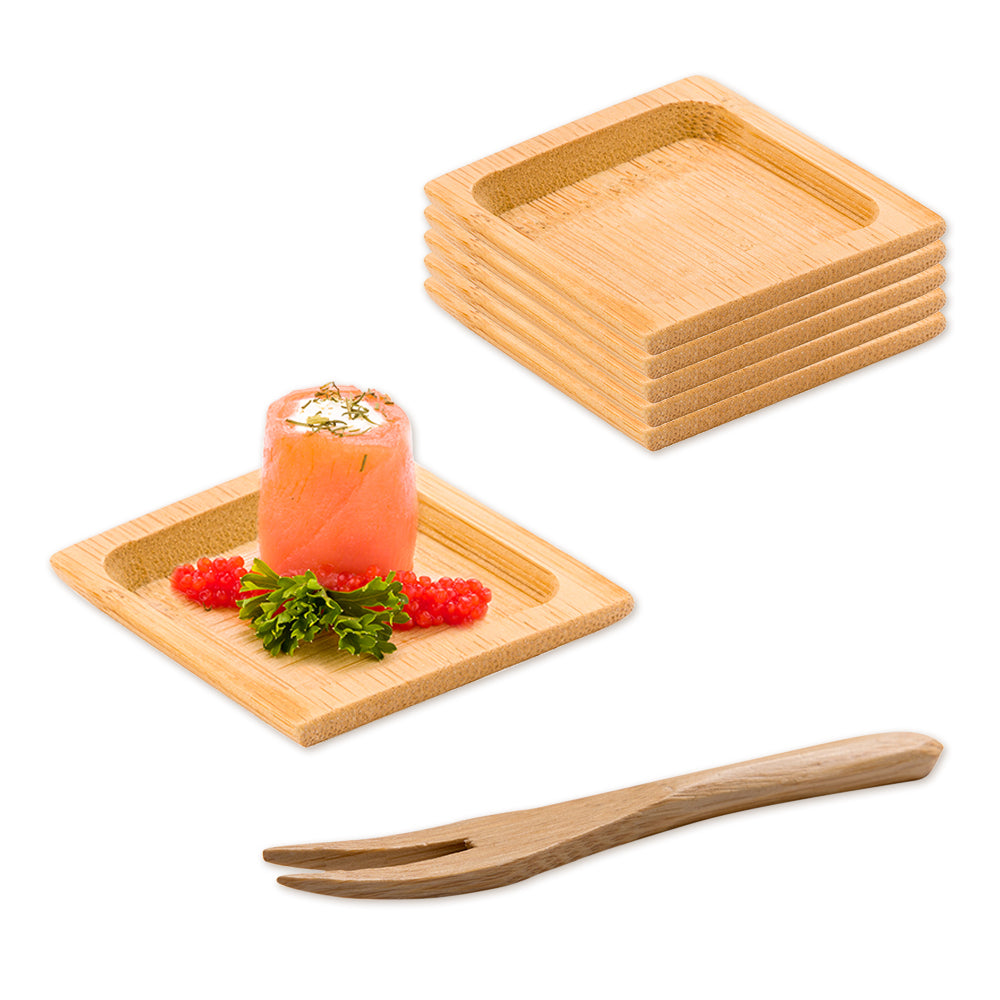 Bambuddha 100 Square Natural 2.5" Bamboo Carved Plates and 100 Natural Bamboo 3.5" Mini Forks