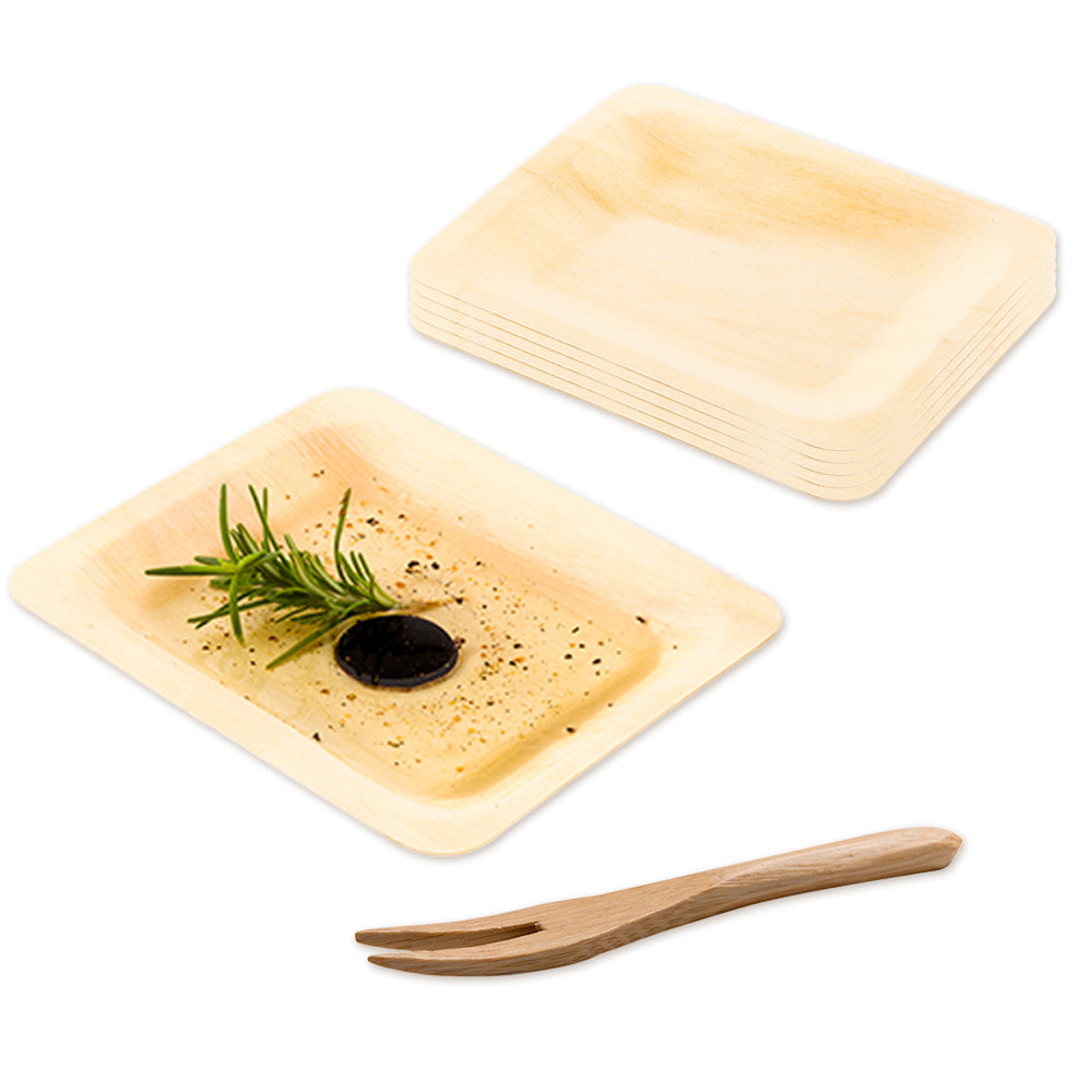 Bambuddha 200 Rectangle Natural 4.75" Wood Plates and 200 Natural Bamboo 3.5" Mini Forks