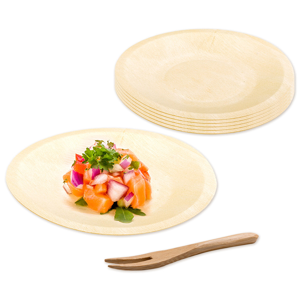 Bambuddha 200 Round Natural 5.5" Wood Plates and 200 Natural Bamboo 3.5" Mini Forks