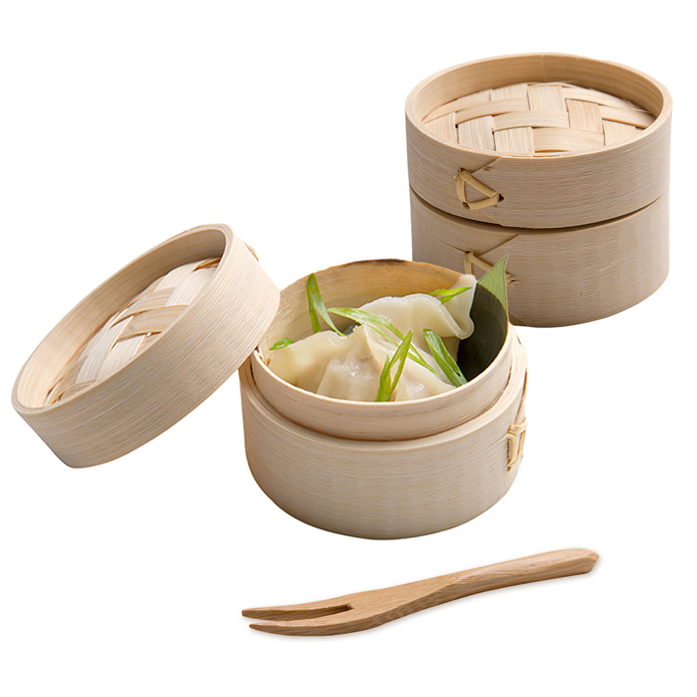 Bambuddha 100 2 oz Round Natural Bamboo Mini Steamers and 100 Natural Bamboo 3.5" Mini Forks