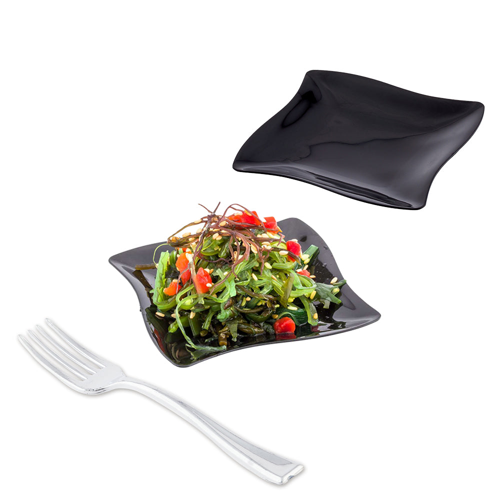 Mini Serve 100 Square Black 3" Plastic Aqua Plates and 100 Silver Plastic 4" Mini Forks