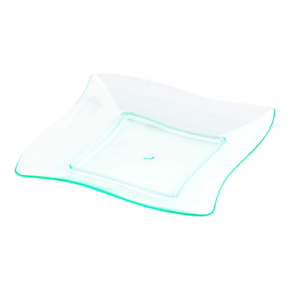 Mini Serve 100 Square Seagreen 3" Plastic Aqua Plates and 100 Silver Plastic 4" Mini Forks