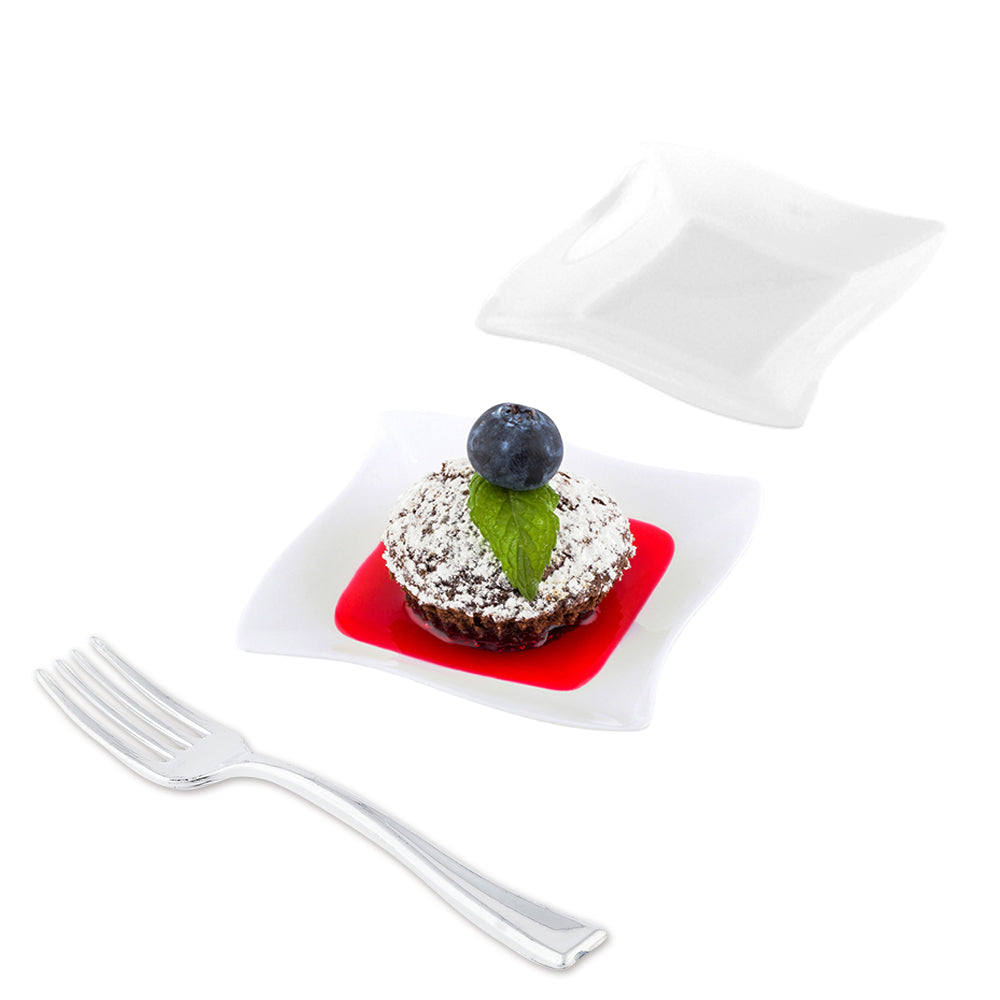 Mini Serve 100 Square White 3" Plastic Aqua Plates and 100 Silver Plastic 4" Mini Forks