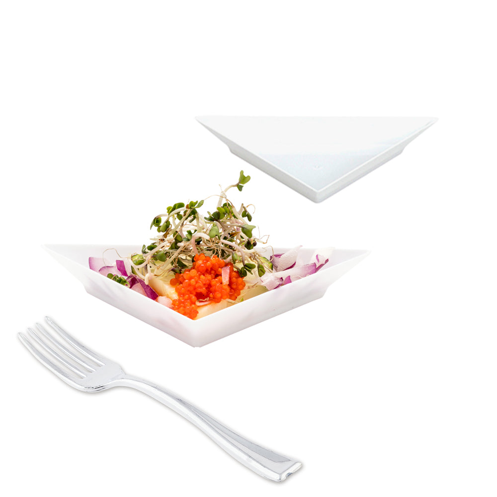 Mini Serve 100 White Plastic 4" Mini Triangolo Appetizer Plates and 100 Silver Plastic 4" Mini Forks