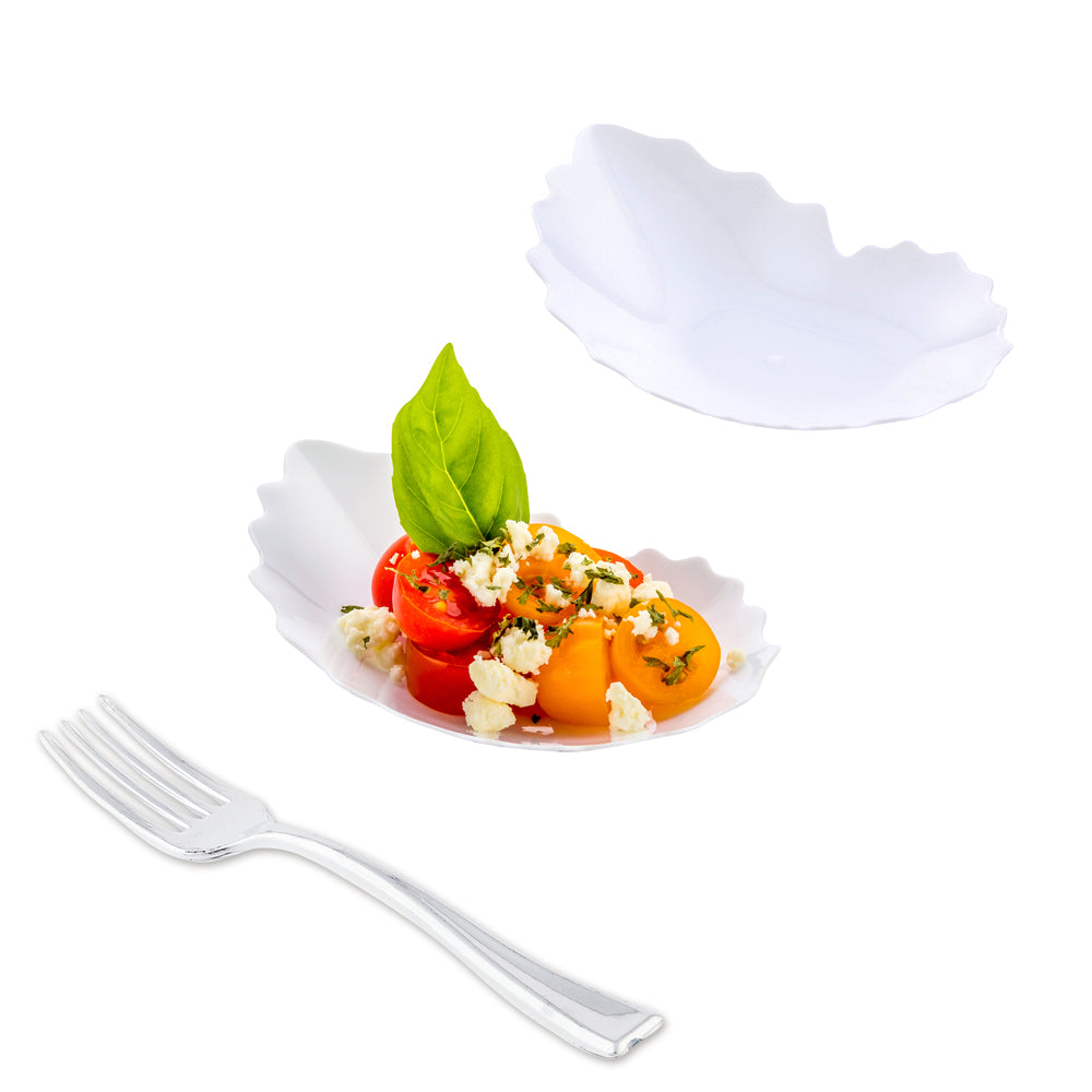 Mini Serve 100 White Plastic 3.25" Mini Coquille Plates and 100 Silver Plastic 4" Mini Forks