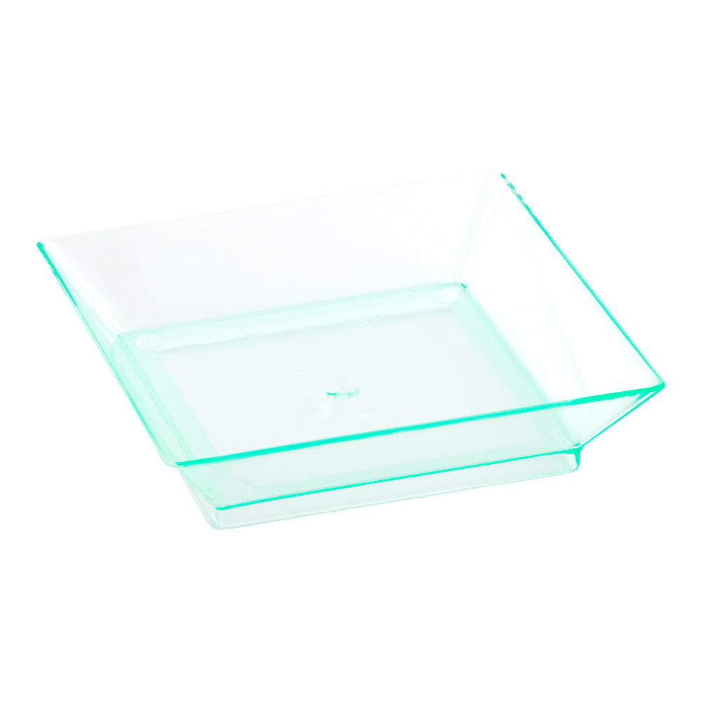 Mini Serve 100 Square Seagreen 2.5" Plastic Mini Modern Plates and 100 Silver Plastic 4" Mini Forks