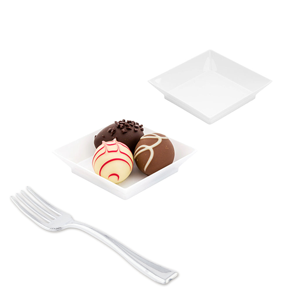 Mini Serve 100 Square White 2.5" Plastic Mini Modern Plates and 100 Silver Plastic 4" Mini Forks
