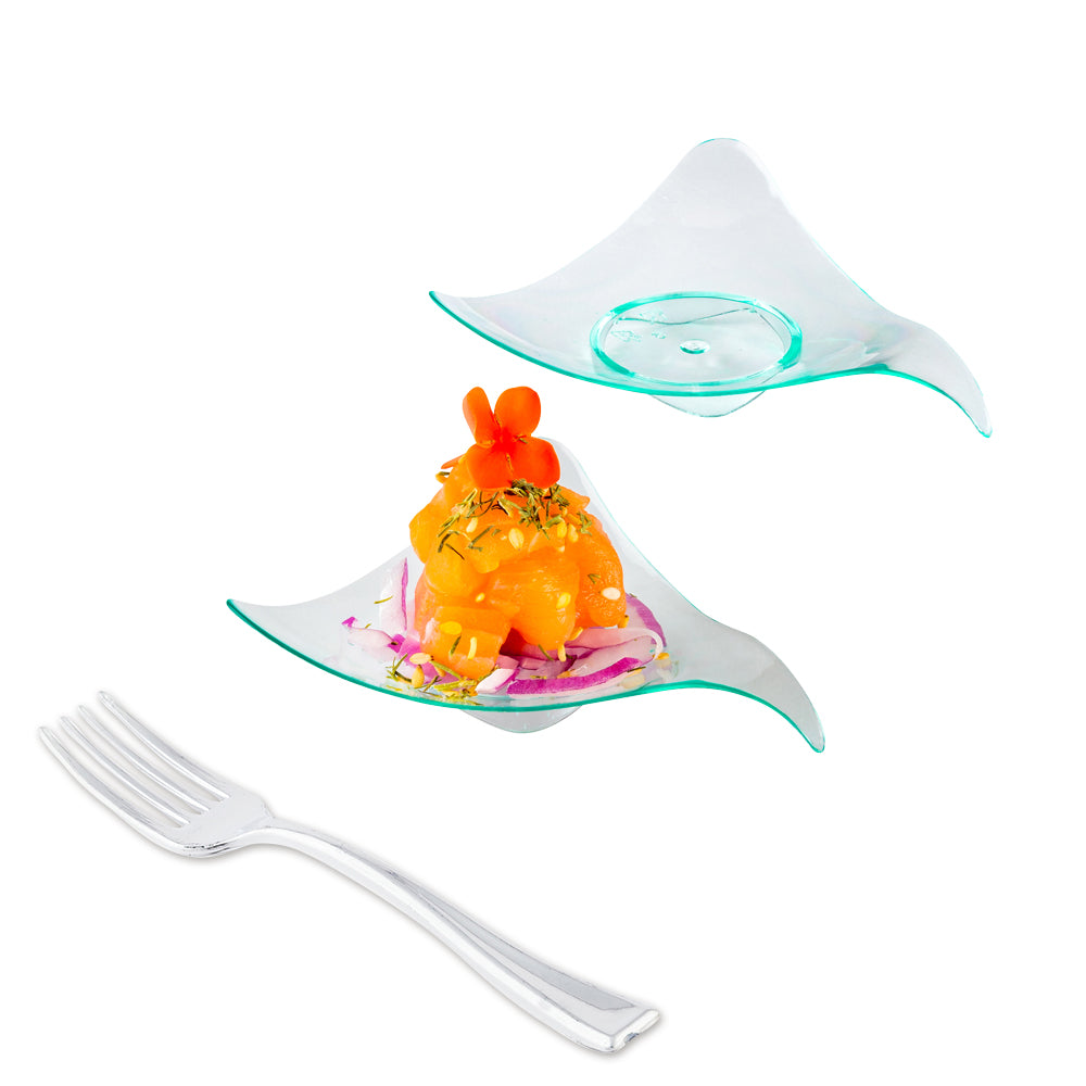 Mini Serve 100 Triangle Seagreen 3" Plastic Shooting Star Appetizer Plates and 100 Silver Plastic 4" Mini Forks