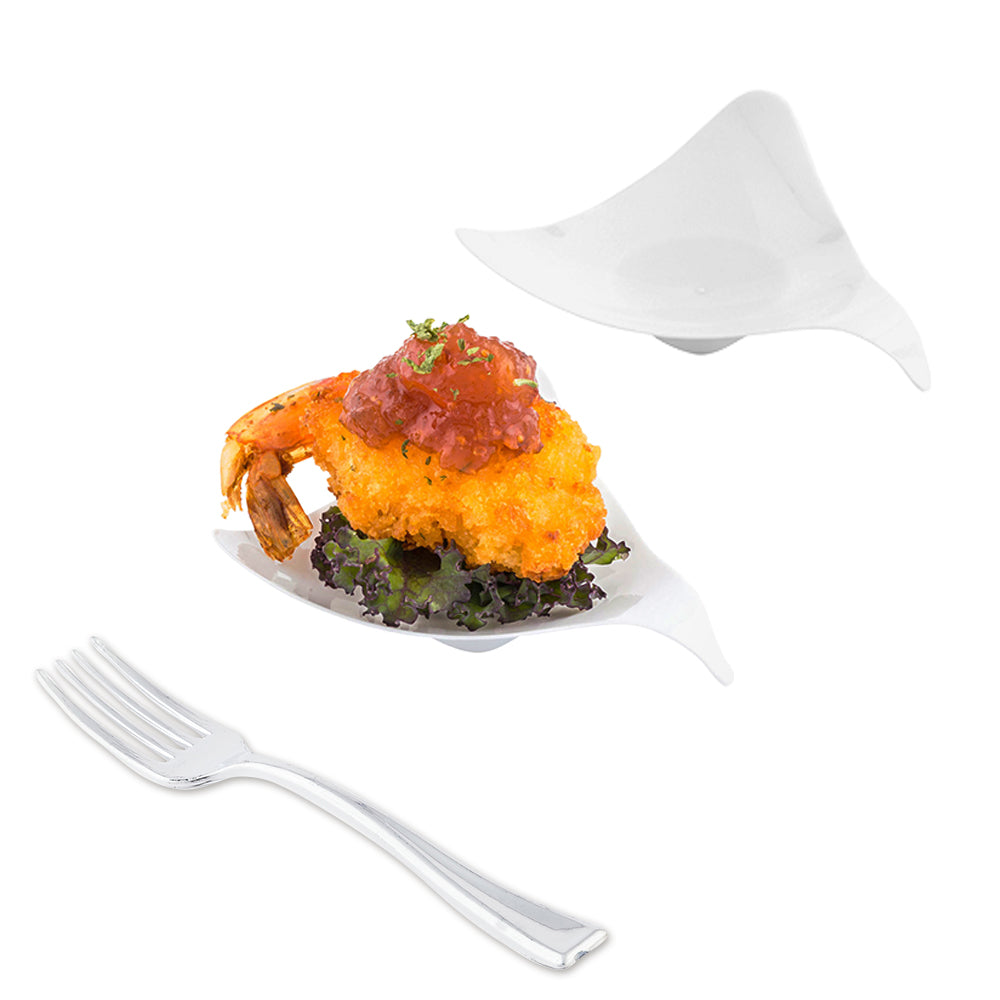 Mini Serve 100 Triangle White 3" Plastic Shooting Star Appetizer Plates and 100 Silver Plastic 4" Mini Forks