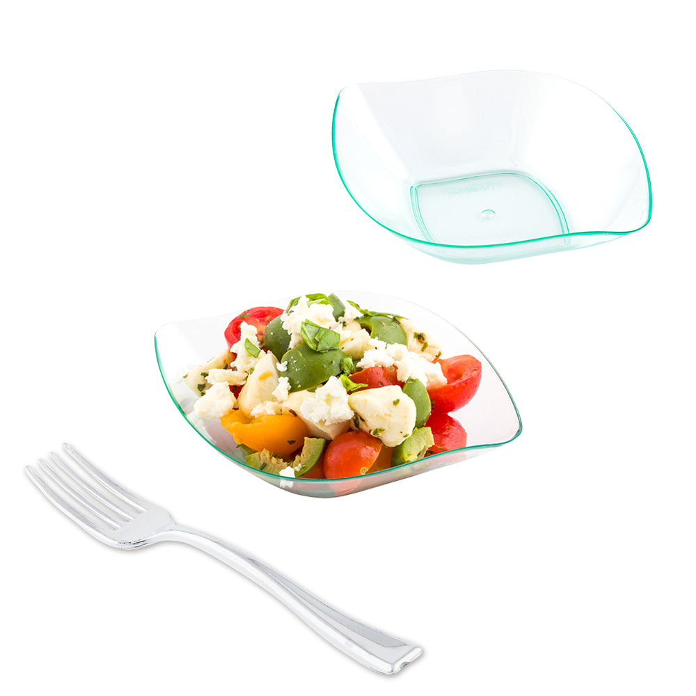 Mini Serve 100 Seagreen Plastic 3.5" Comma Plates and 100 Silver Plastic 4" Mini Forks