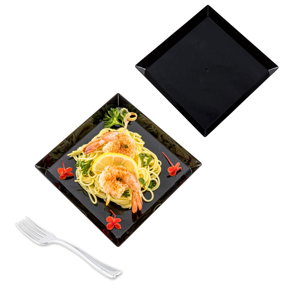 Mini Serve 100 Square Black 5" Plastic Medium Modern Plates and 100 Silver Plastic 4" Mini Forks
