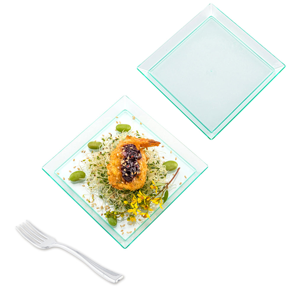Mini Serve 100 Square Seagreen 5" Plastic Medium Modern Plates and 100 Silver Plastic 4" Mini Forks