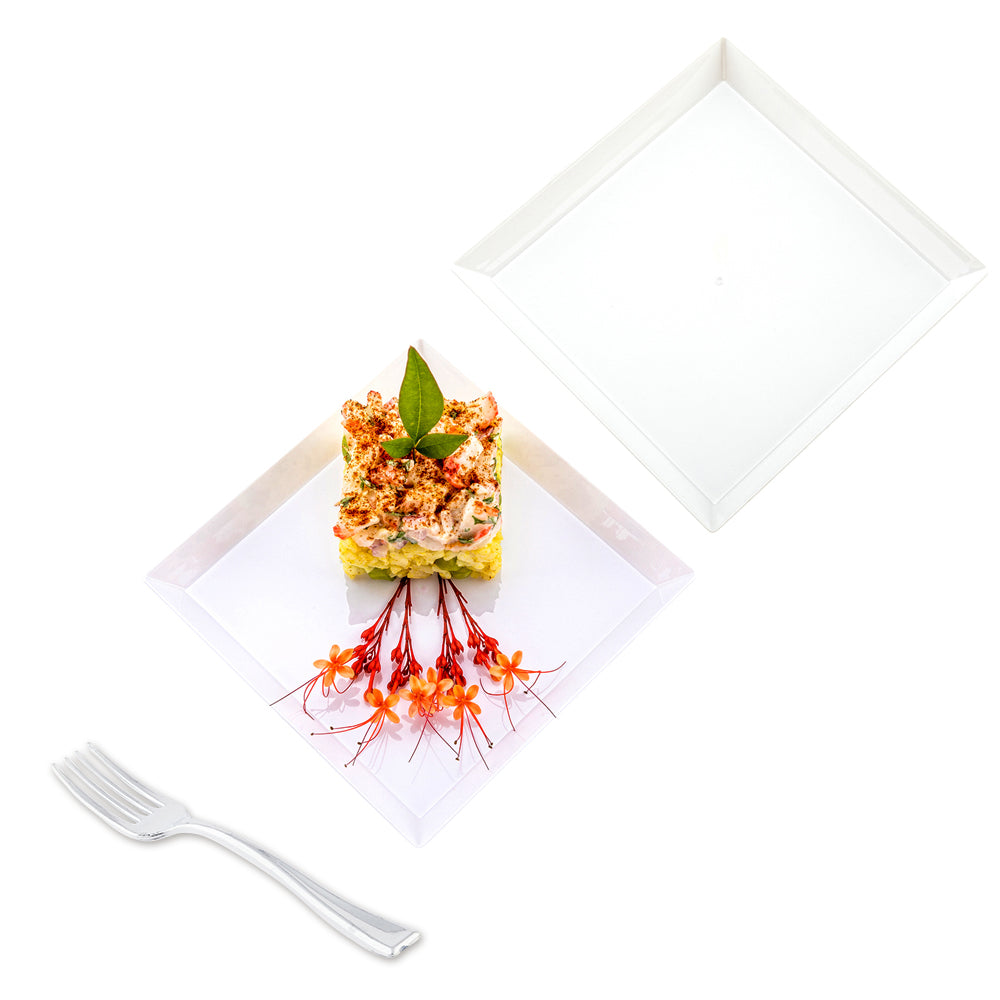 Mini Serve 100 Square White 5" Plastic Medium Modern Plates and 100 Silver Plastic 4" Mini Forks