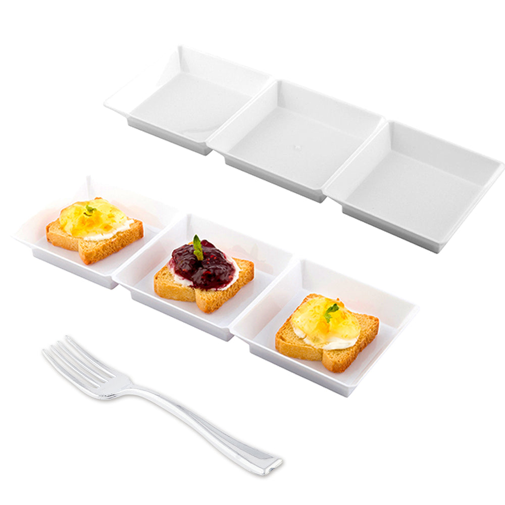 Maxi Serve 100 Rectangle White 7.5" Plastic Terzetto Mini Plates and 100 Silver Plastic 4" Mini Forks