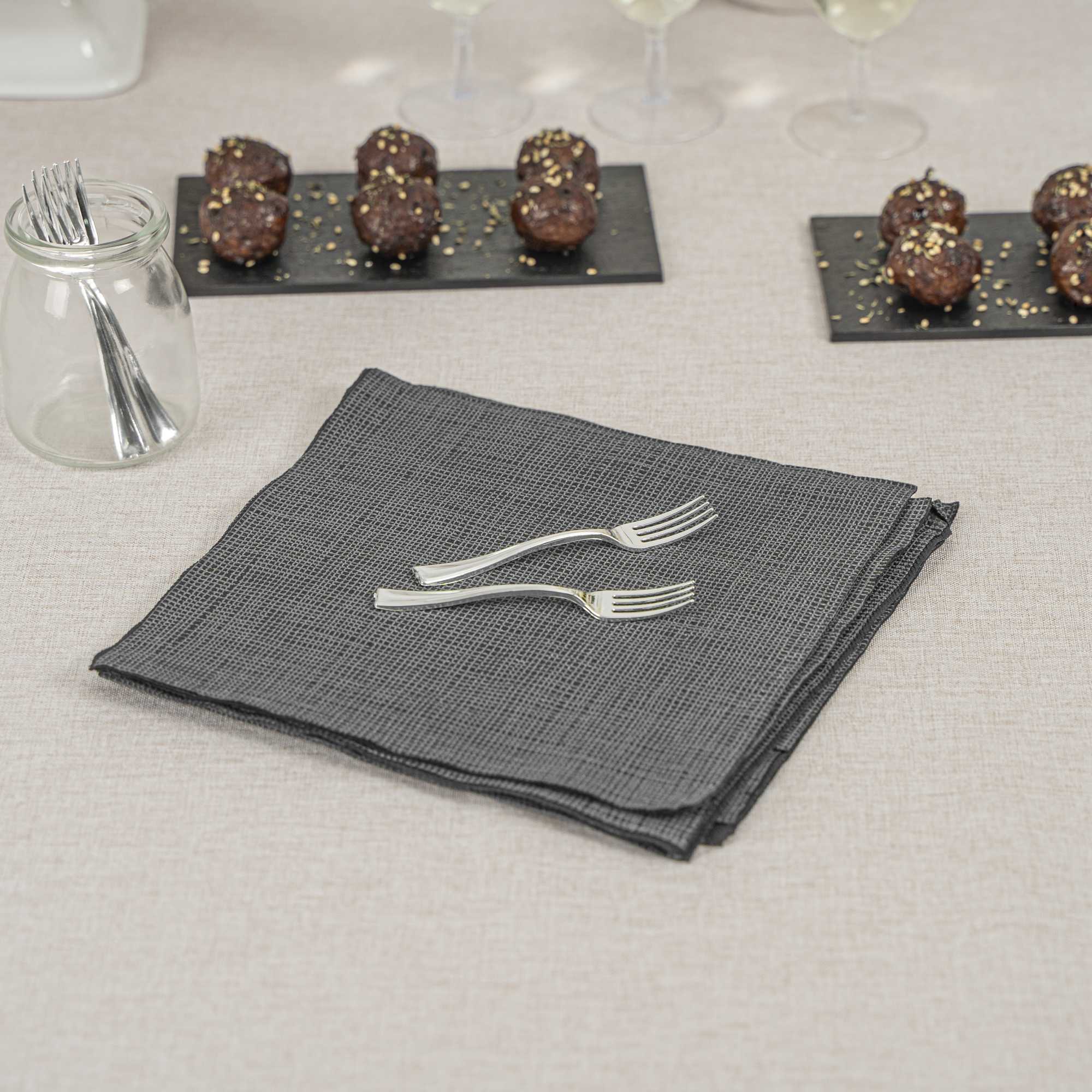 Mini Serve 100 Fish Black 3.7" Plastic Tasting Plates and 100 Silver Plastic 4" Mini Forks