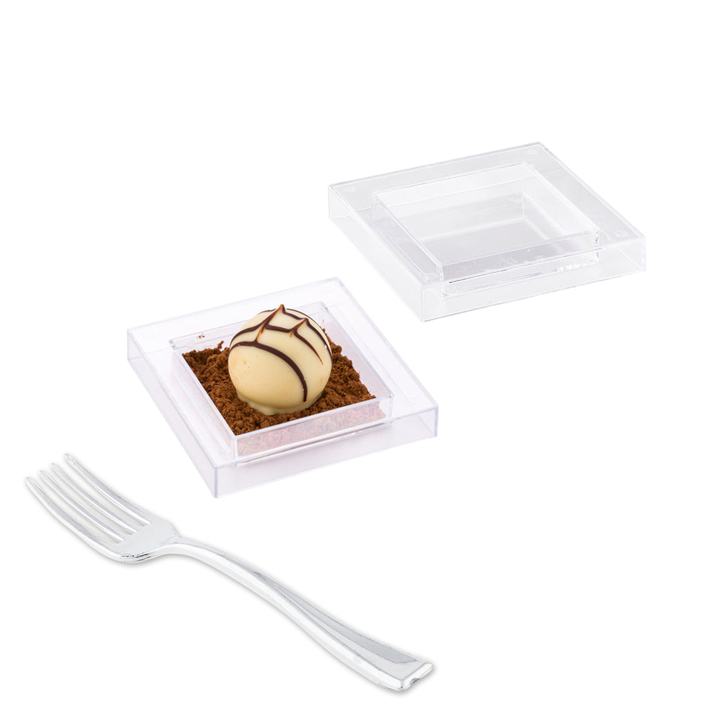 Mini Serve 100 Square Clear 2.5" Plastic Mini Cubic Plates and 100 Silver Plastic 4" Mini Forks