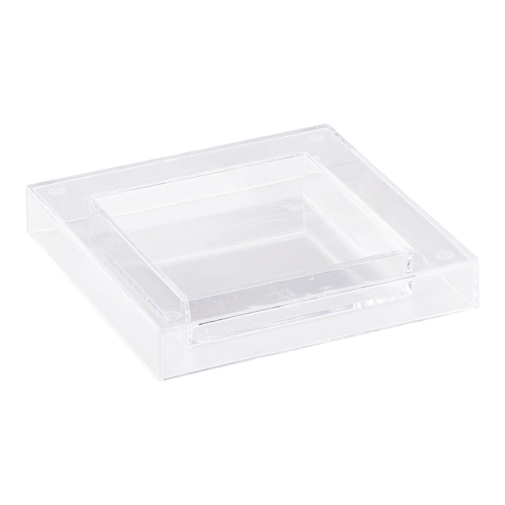 Mini Serve 100 Square Clear 2.5" Plastic Mini Cubic Plates and 100 Silver Plastic 4" Mini Forks