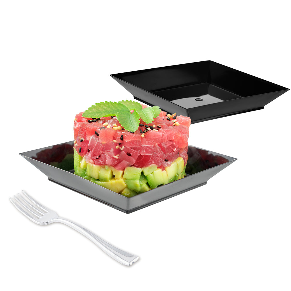 Mini Serve 100 Square Black 3.9" Plastic Small Modern Plates and 100 Silver Plastic 4" Mini Forks