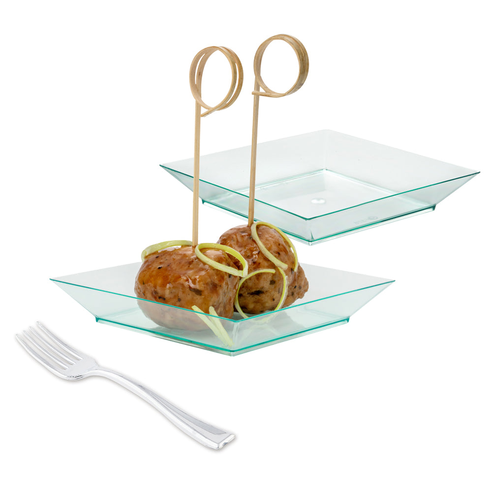 Mini Serve 100 Square Seagreen 3.9" Plastic Small Modern Plates and 100 Silver Plastic 4" Mini Forks