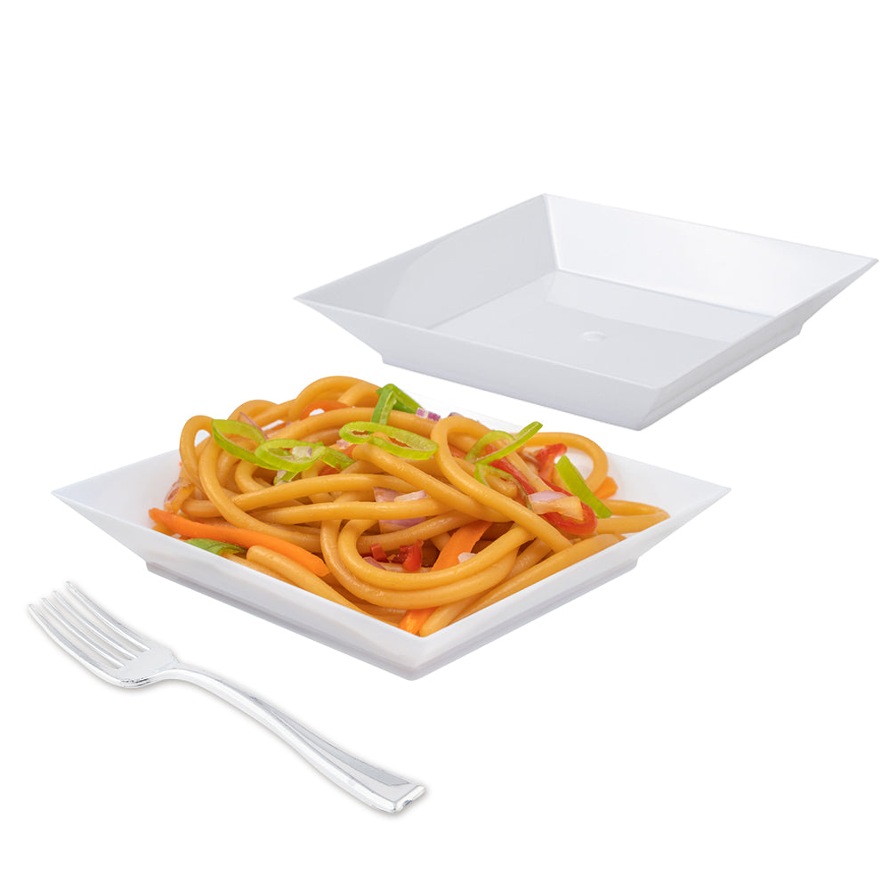 Mini Serve 100 Square White 3.9" Plastic Small Modern Plates and 100 Silver Plastic 4" Mini Forks