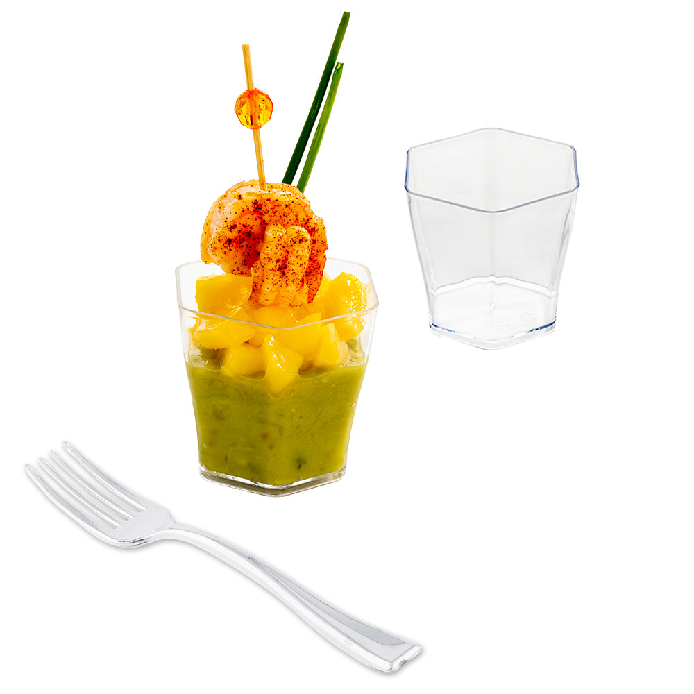 Mini Serve 100 2 oz Hexagon Clear Plastic Glass and 100 Silver Plastic 4" Mini Forks