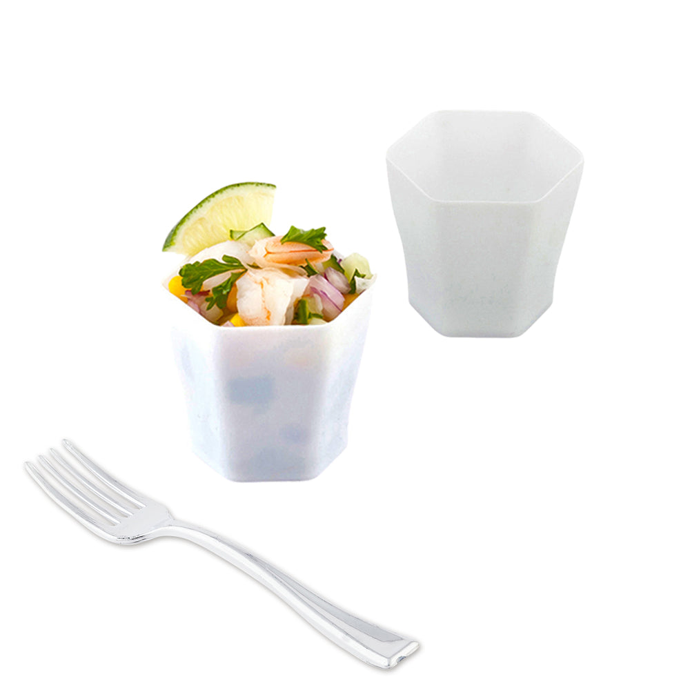 Mini Serve 100 2 oz Hexagon White Plastic Glass and 100 Silver Plastic 4" Mini Forks