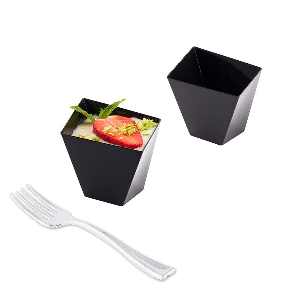 Mini Serve 100 2 oz Square Black Plastic Girata Dessert Dish and 100 Silver Plastic 4" Mini Forks