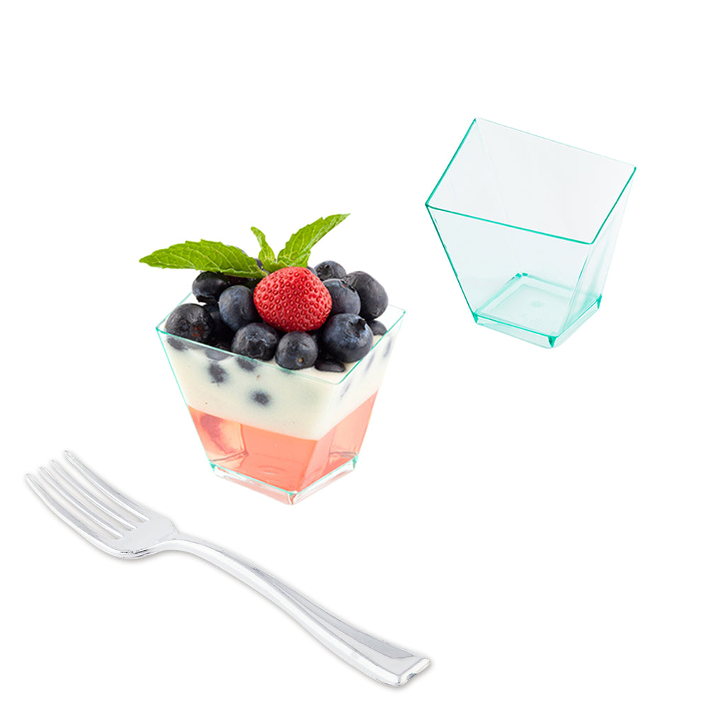 Mini Serve 100 2 oz Square Seagreen Plastic Girata Dessert Dish and 100 Silver Plastic 4" Mini Forks