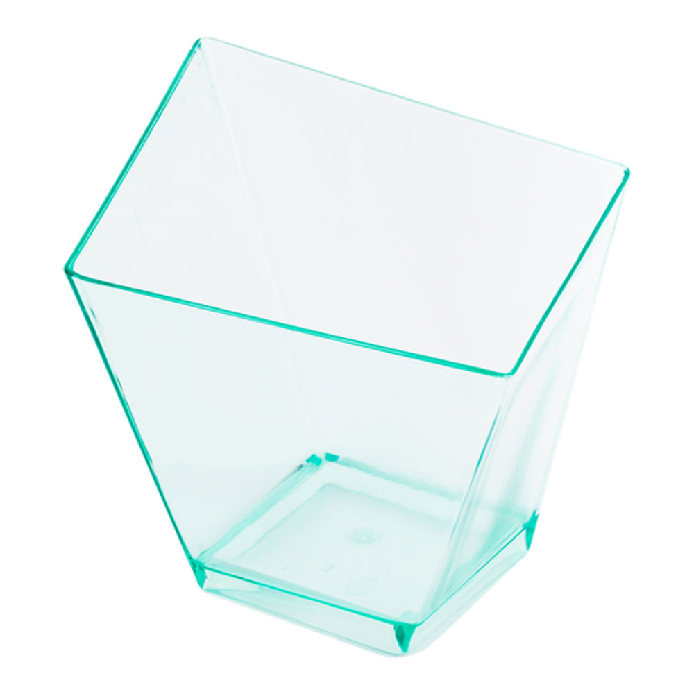 Mini Serve 100 2 oz Square Seagreen Plastic Girata Dessert Dish and 100 Silver Plastic 4" Mini Forks