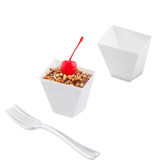 Mini Serve 100 2 oz Square White Plastic Girata Dessert Dish and 100 Silver Plastic 4