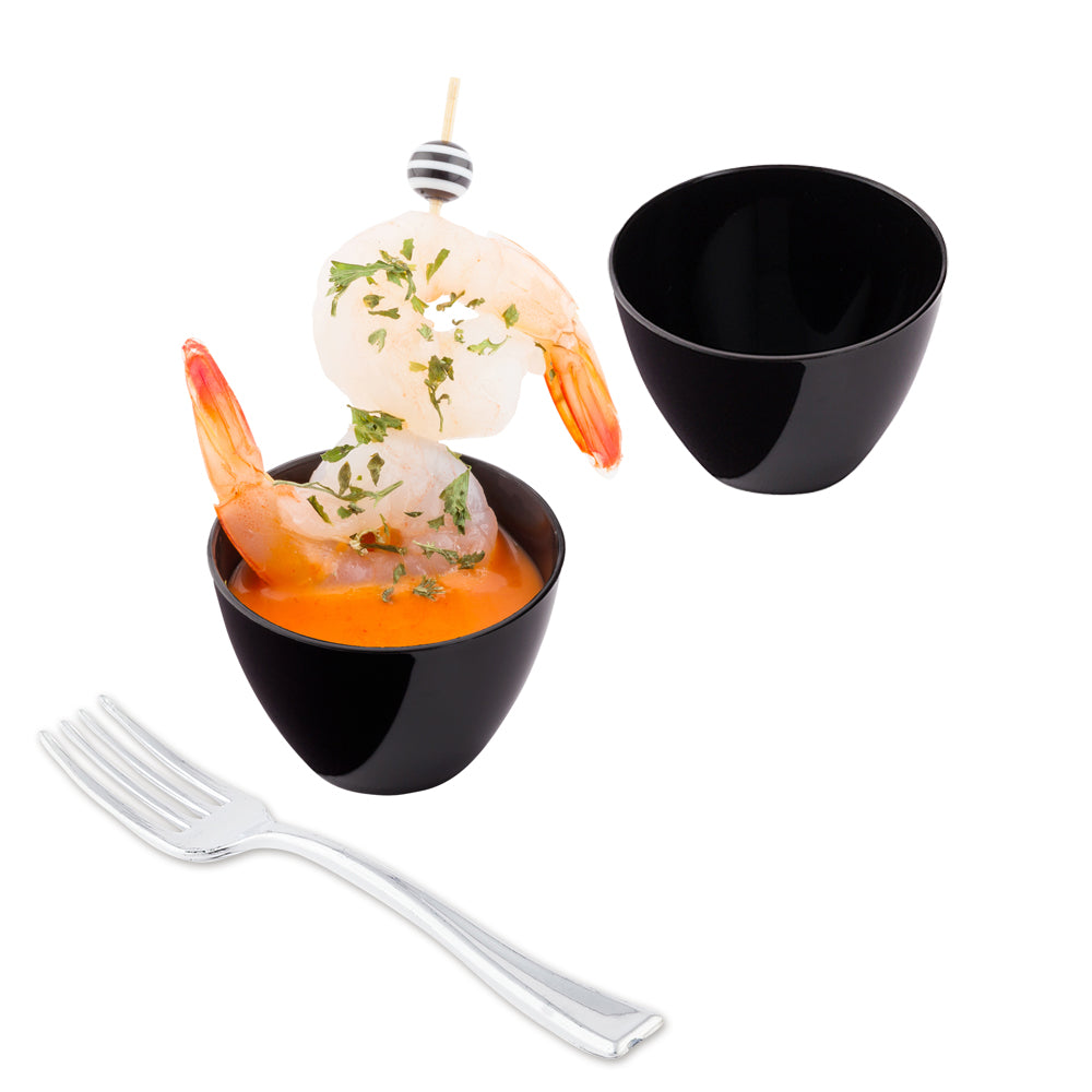 Mini Serve 100 2 oz Round Black Plastic Mini Tasting Bowls and 100 Silver Plastic 4" Mini Forks